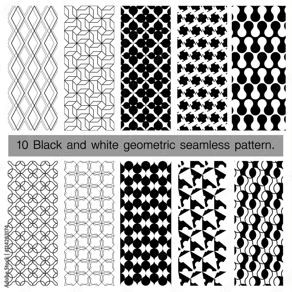 Collection of black and white geometric seamless pattern.