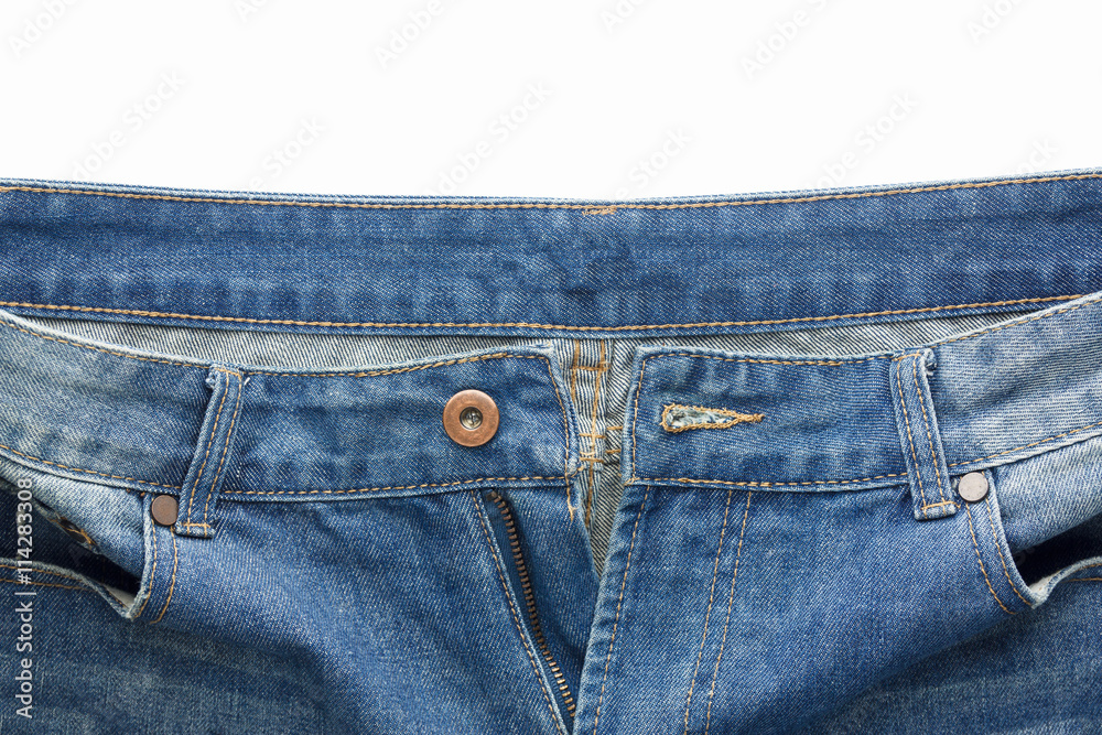 close up of unbuttoned blue jean isolated on white background close up of unbuttoned blue jean isolated on white background