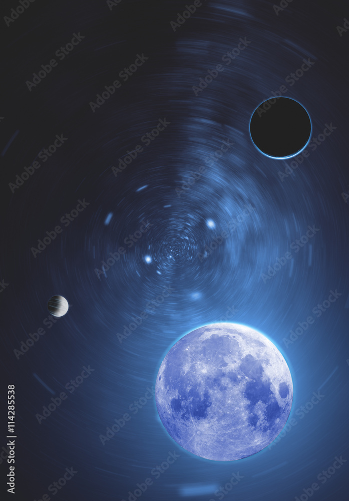 Naklejka premium Planets and Moon on a starry background.