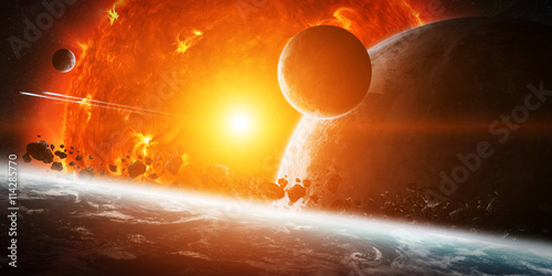 Fototapeta Naklejka Na Ścianę i Meble -  Exploding sun in space close to planet