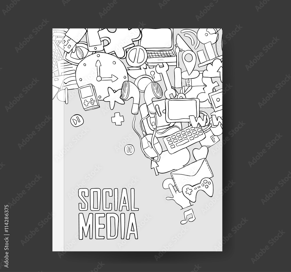 Social network background with media icons book hand lettering a