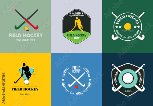 Field hockey logo set. Vector sport badges with man silhouette, stick and hockey ball