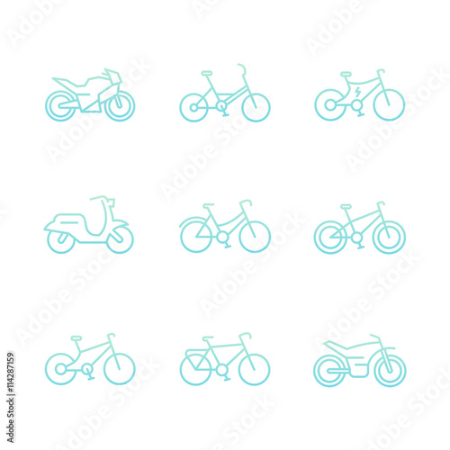 Bikes icons, bicycle, cycling, motorcycle, motorbike, fat bike, scooter, electric bike thin line icons on white, vector illustration