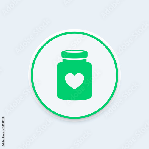 bottle of pills icon, drugs, pictogram on round shape, vector illustration