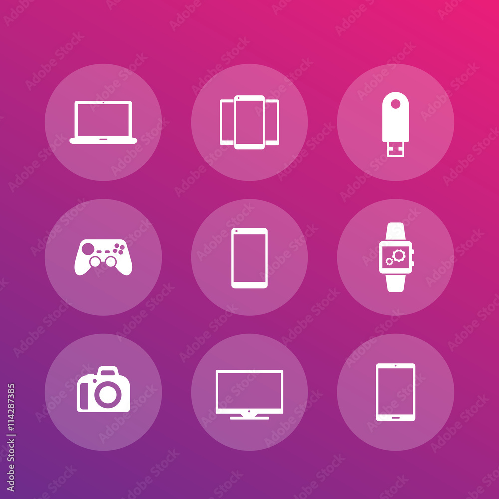 Gadgets icons (laptop, tablet, camera, tv, smart watch, dslr, gamepad), vector illustration