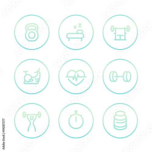 Fitness line icons, thick outline, fit and active lifestyle, workout, training linear symbols on white, vector illustration