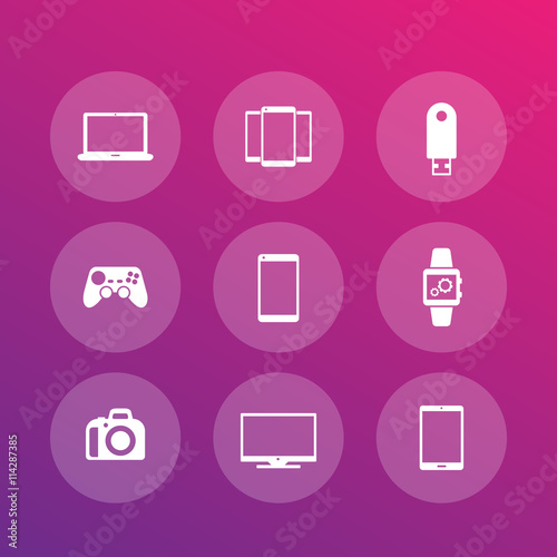 Gadgets icons (laptop, tablet, camera, tv, smart watch, dslr, gamepad), vector illustration