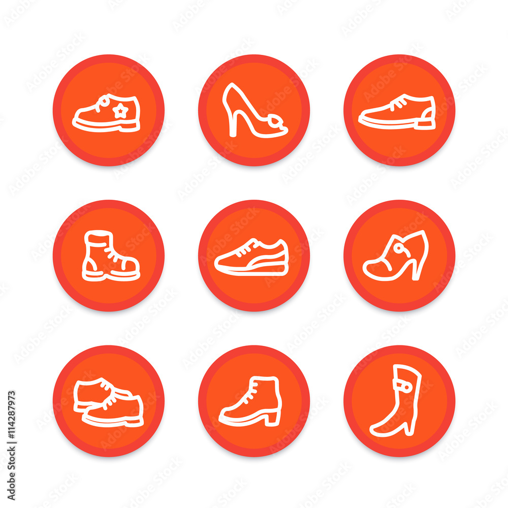 Shoes icons, heels, boots, sports shoes, trainers round thick linear pictograms