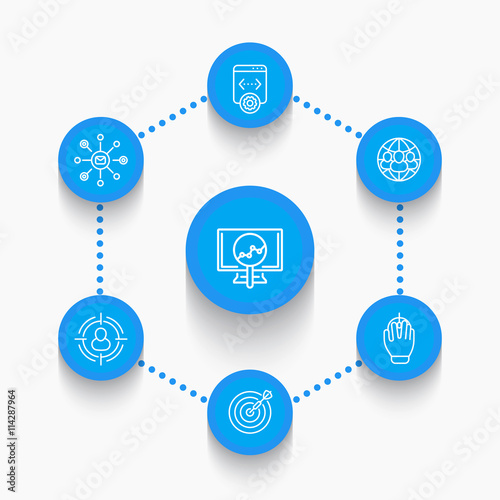 seo line icons, search engine optimization, internet marketing, web page indexing, seo tools linear pictogram, vector illustration