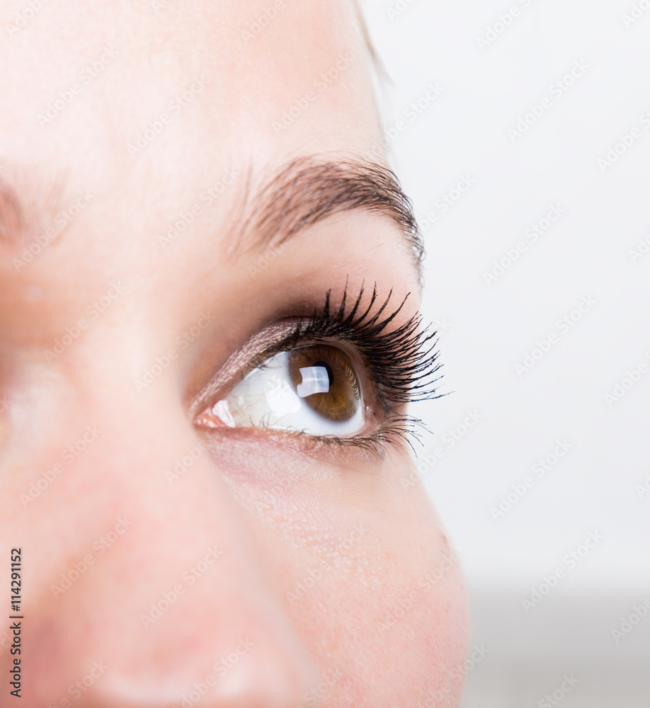 Obraz premium Beautiful young woman eyelash extension. Woman eye with long eyelashes. Beauty salon concept