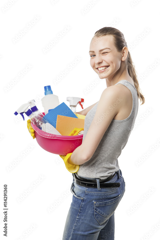 beautiful woman in gloves with basin over white beautiful woman in gloves with basin over white