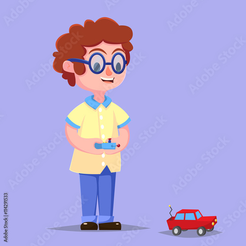 Cartoon Vector Illustration of Cute Boy with Remote Toy Car