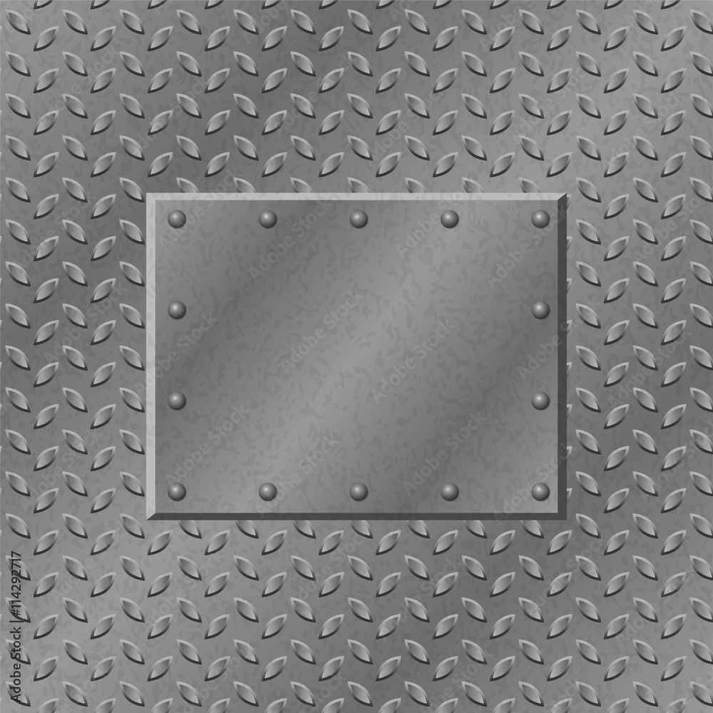 Rusty Metal Background with plate and rivets. Metallic grunge texture. Steel, iron, aluminum surface template. Abstract techno vector illustration.