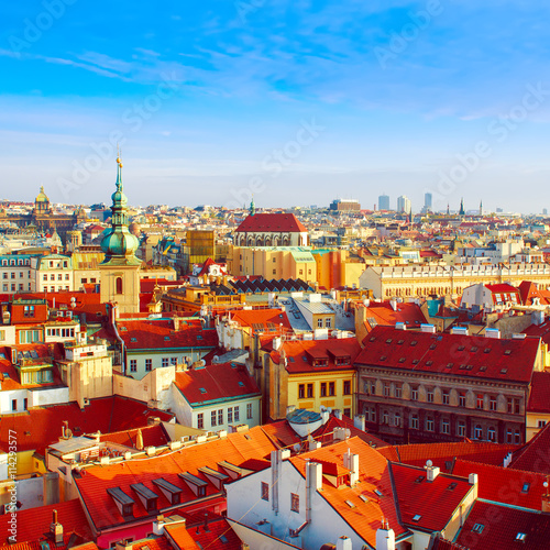 Canvas Print Red Prague roofs - view from the City Hall, travel european background