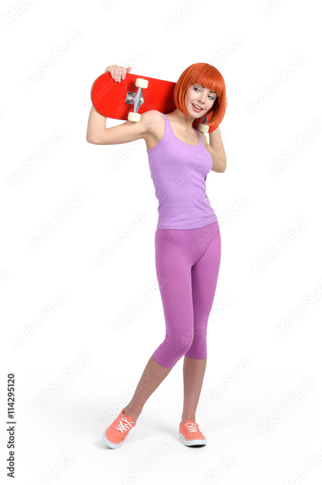 Young woman with skateboard isolated on white background Young woman with skateboard isolated on white background