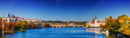 Fotografie, Obraz Prague Castle and Old City day panorama view with blue sky, travel vivid autumn
