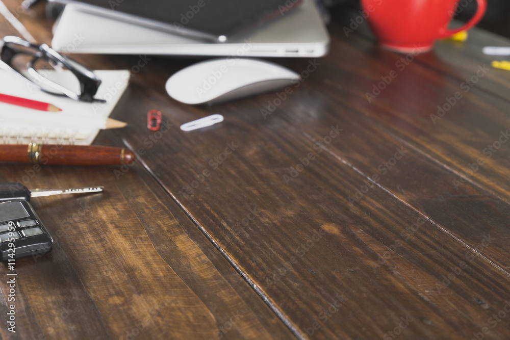 Naklejka premium car key, digital tablet, laptop computer and notebook on office