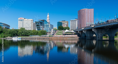 Downtown Hartford and the Connecticut River from Great River Park in Hartford, Connecticut photo