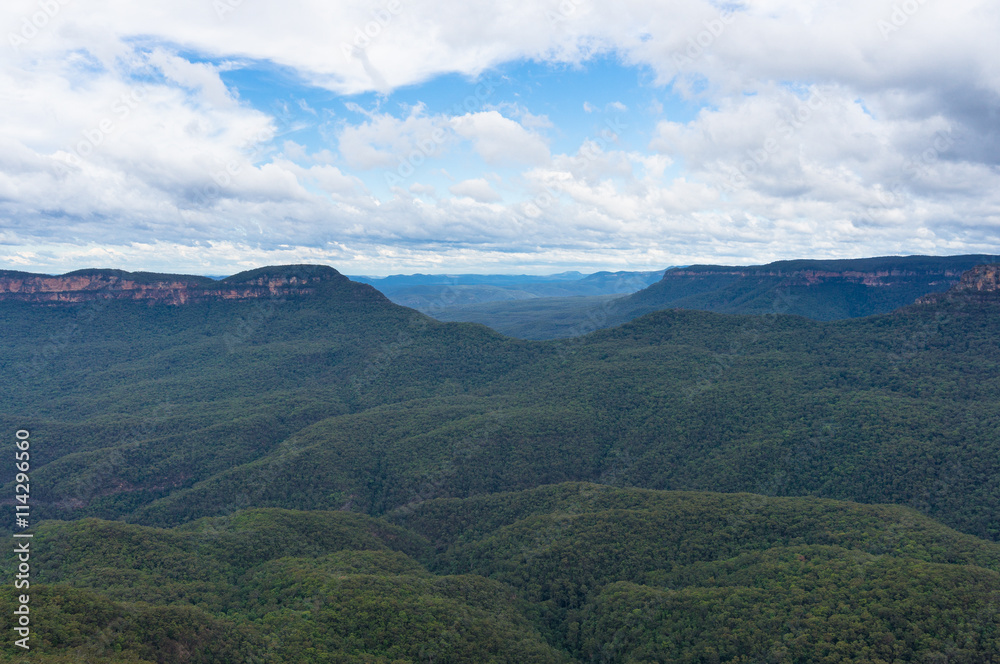 Australian eucalyptus forest and rock formations viewed from Echo Point lookout. Iconic Australian tourist attraction in Blue Mountains National Park, NSW, Australia Australian eucalyptus forest and rock formations viewed from Echo Point lookout. Iconic Australian tourist attraction in Blue Mountains National Park, NSW, Australia
