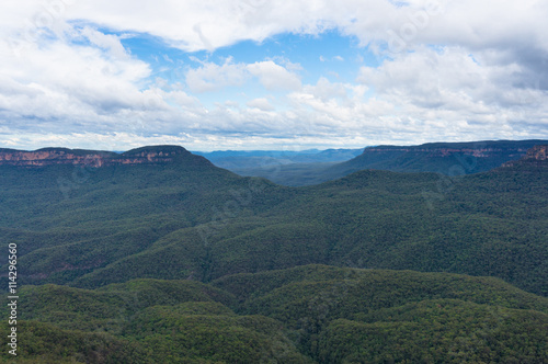 Australian eucalyptus forest and rock formations viewed from Echo Point lookout. Iconic Australian tourist attraction in Blue Mountains National Park, NSW, Australia