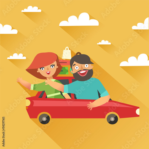 Stylish fashion couple traveling by car. Happy woman and man waving hands in red car with a lot of bags. Vector colorful illustration in flat design style