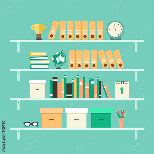 Office interior background with shelves: binders, books, pencils, glasses, globe, clock, folders, boxes, calendar, awards etc. Flat design colorful vector illustration