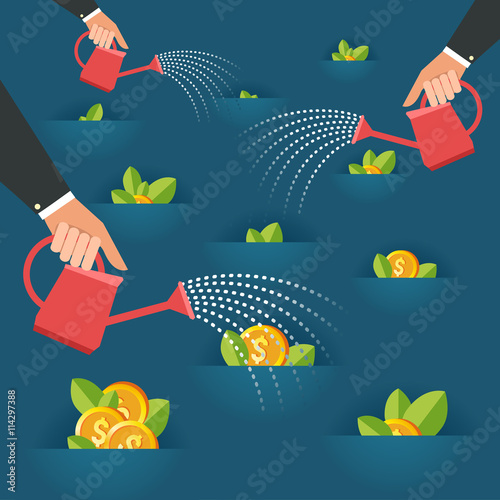 Business growth concept. A lot of human hands with cans watering money dollar coin field. Vector colorful illustration in flat style