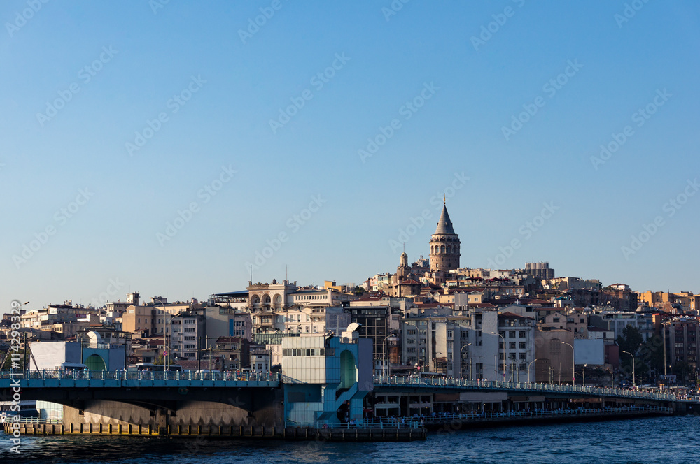 Galata Tower and Bridge with view of Karakoy quarter, district. Istanbul, Turkey