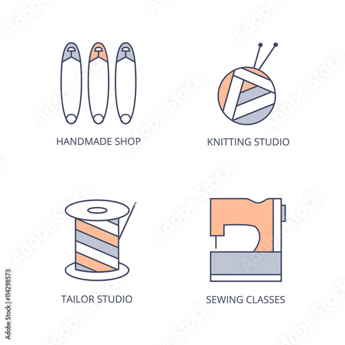 Sewing, knitting icons. Skein of yarn and knitting needles, spool of thread, safety pins, sewing machine. Vector color line logo set for knitting, sewing, tailoring, handmade shop, studio
