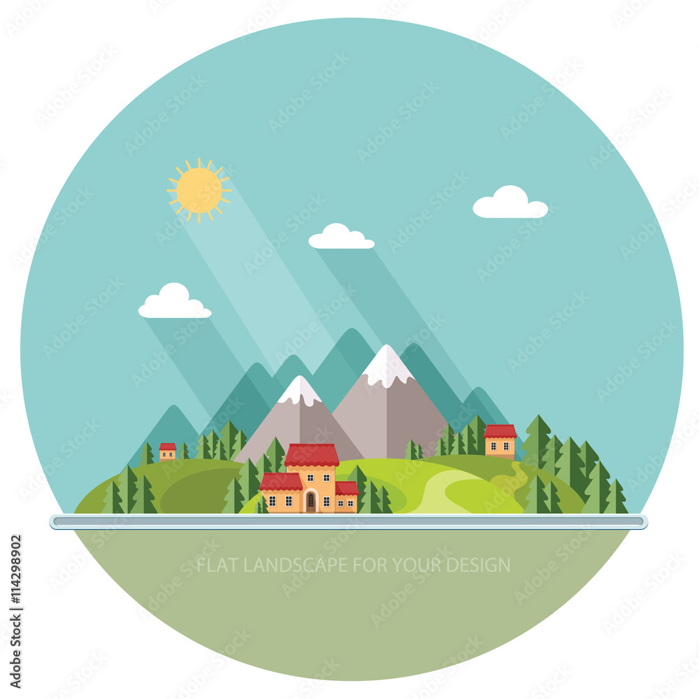 Landscape. Houses in the mountains among the trees. Flat style,