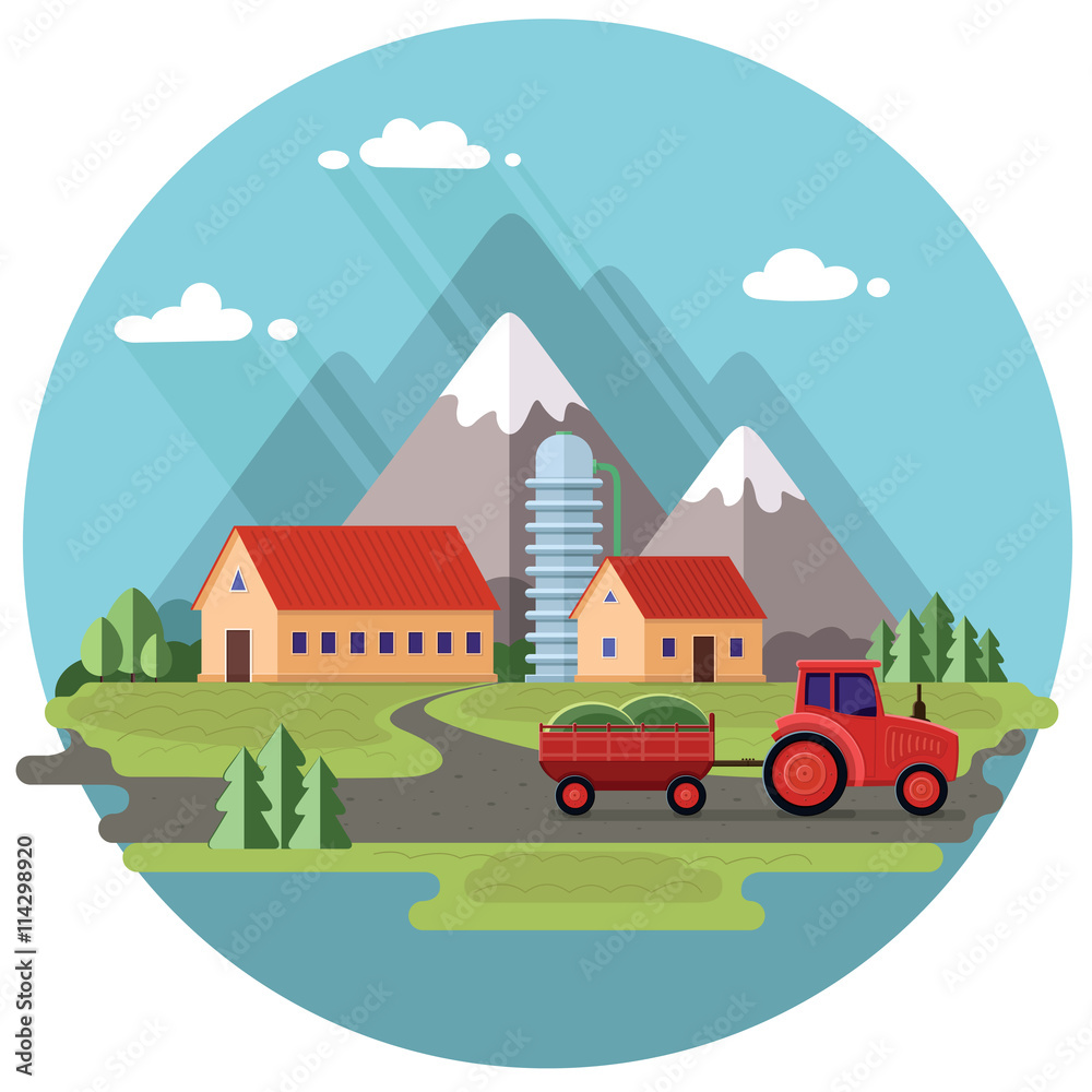 Agricultural landscape. Red tractor on a farm background.. Flat Agricultural landscape. Red tractor on a farm background.. Flat