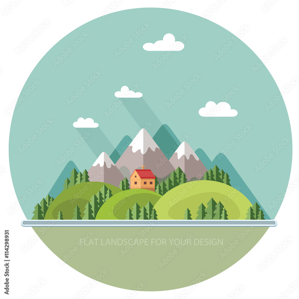 Landscape. Houses in the mountains among the trees. Flat style,