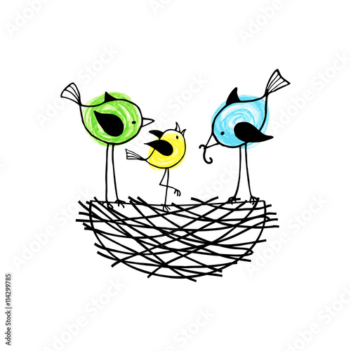 Family birds in a nest, the parents feed their nestling.