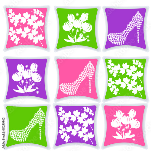 Set of cushions for interior vector illustration. Pillow isolated on white background. Pillow, leaves pattern. Pillow pattern slipper. Pillow pattern flowers