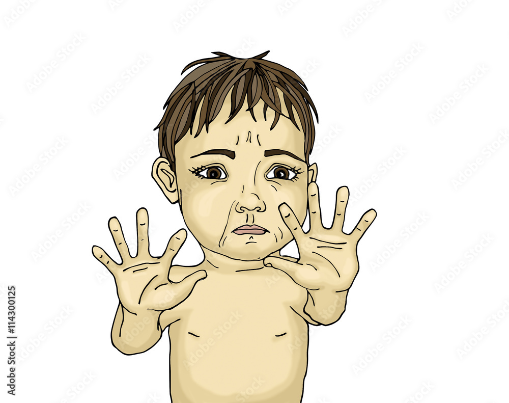 Scared little boy trying to hide putting her hands forward. 