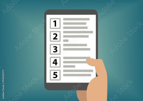 Concept of ranking of prioritization with hand holding tablet as vector illustration