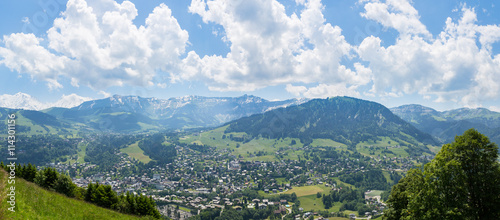 Wide angle view of the french village of Megeve and surroundings.