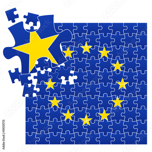 Vector illustration of European Union flag divided on jigsaw puzzle pieces with broken left corner with one star, symbolizing BREXIT, EPS 10