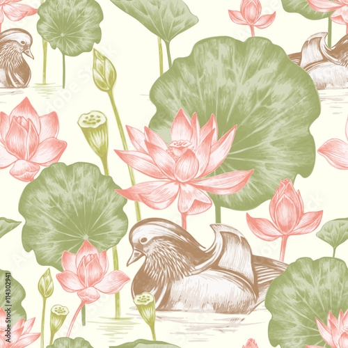  Seamless pattern with birds and flowers.