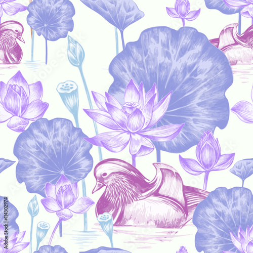  Seamless pattern with birds and flowers.