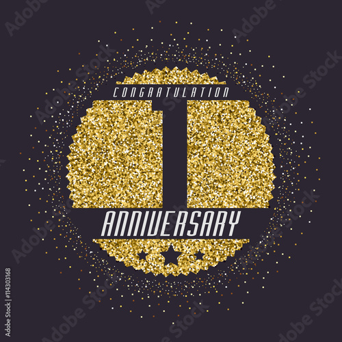 One year anniversary celebration golden logotype. 1st anniversary gold logo.