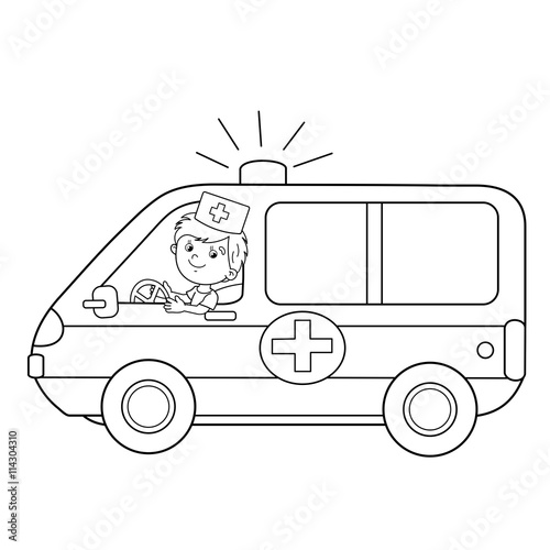 Coloring Page Outline Of cartoon doctor with ambulance car