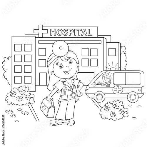 Coloring Page Outline Of cartoon doctor near the hospital