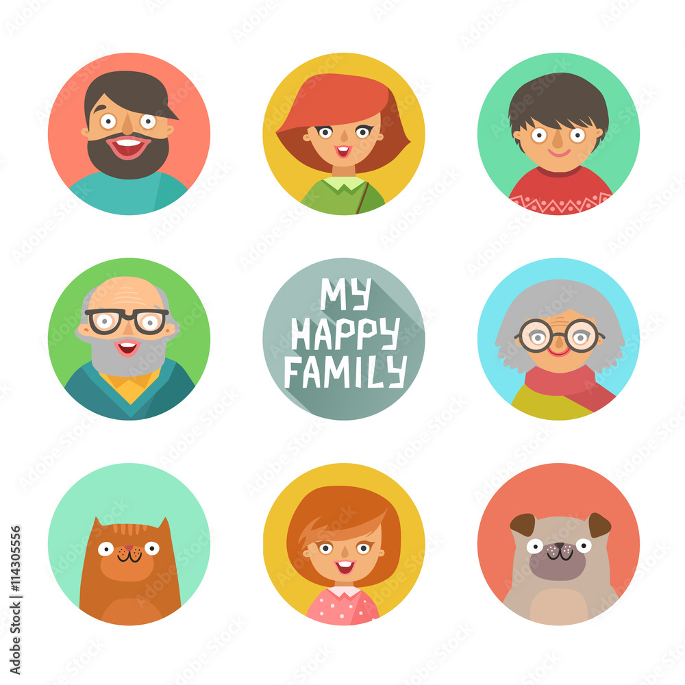 Flat design circular icons collection of family members avatars: mom, dad, son, daughter, grandmother, grandfather, dog and cat. Vector colorful illustrations in flat style Flat design circular icons collection of family members avatars: mom, dad, son, daughter, grandmother, grandfather, dog and cat. Vector colorful illustrations in flat style