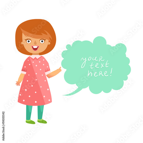 Cute little girl in pink dress pointing finger up having an idea with speech bubble. Vector colorful illustration in flat design isolated on white