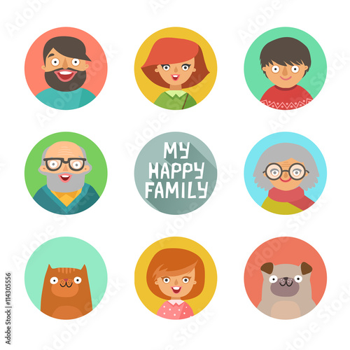 Flat design circular icons collection of family members avatars: mom, dad, son, daughter, grandmother, grandfather, dog and cat. Vector colorful illustrations in flat style