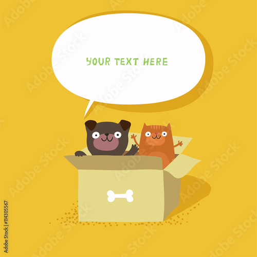 Cute cat and dog sitting in cardboard box, banner with speech bubble. Homeless cat and dog. Vector colorful illustration isolated on yellow.