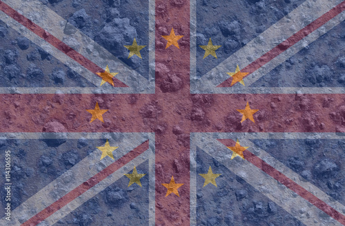 Brexit, overlay of UK and Europe flags on a rusty surface