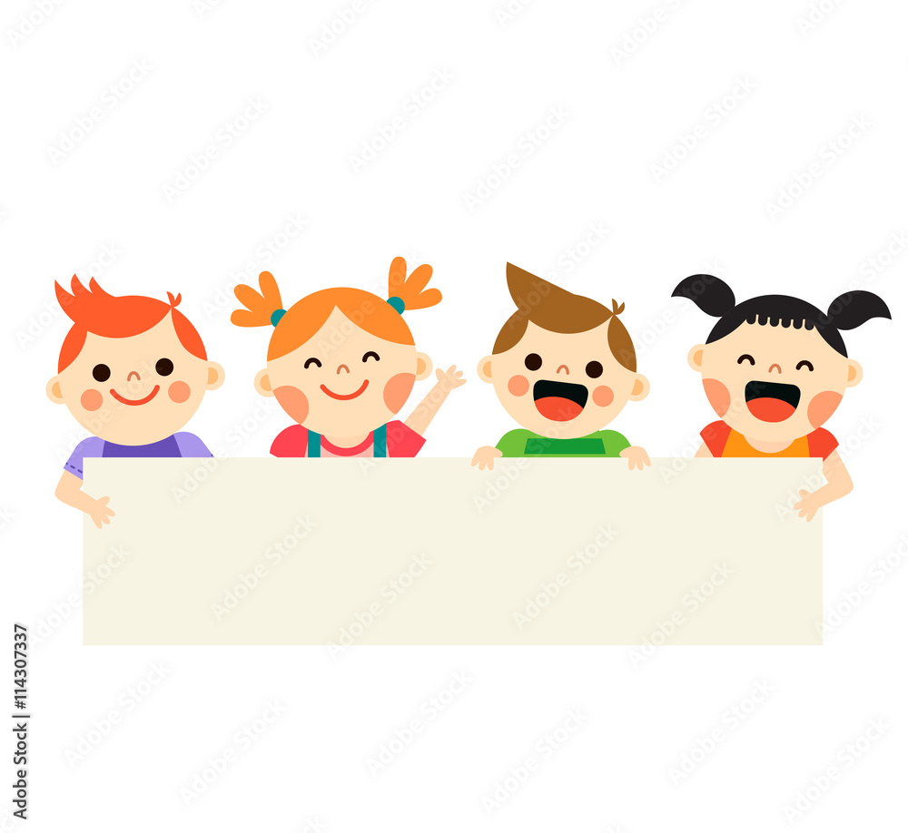 Four kids holding blank banner on white background Four kids holding blank banner on white background