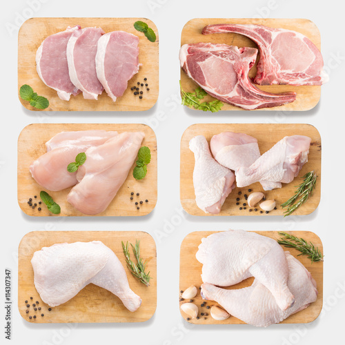 Mockup raw chicken and pork on cutting board set on  isolated 